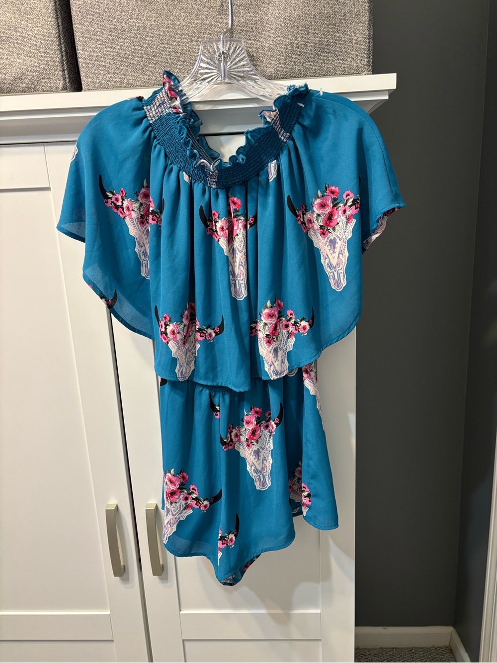 Altar'd State Teal Floral Cow Skull-Print Romper S NWOT Boho Cowgirl Country